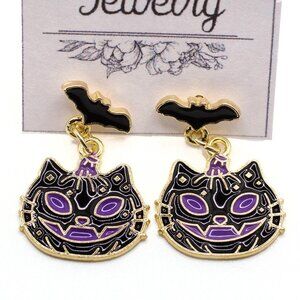 Handmade Halloween Black Purple Bat Post with Cat-o Lantern Dangle Earrings New
